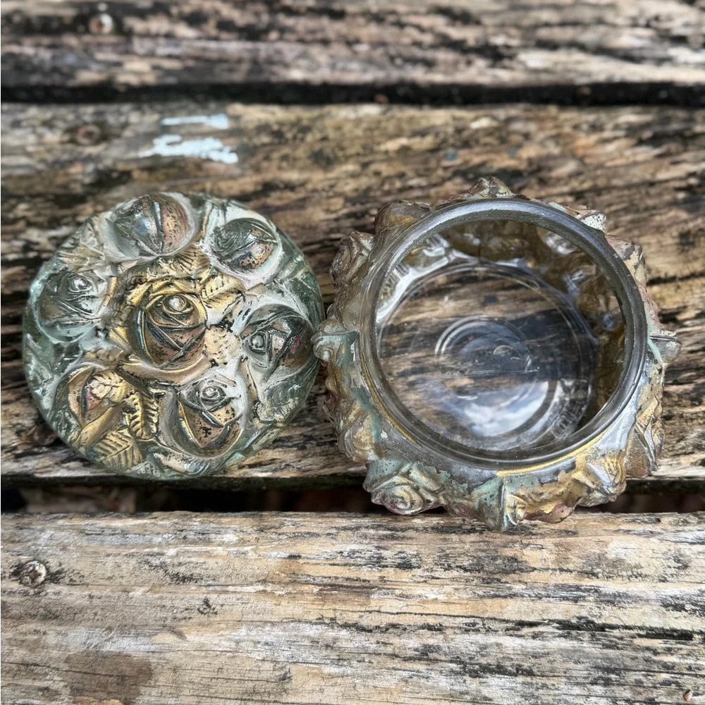 Antique Goofus Glass Vanity Powder Puff Jar Trinket Box Red & Gold Rose - Picture 3 of 9